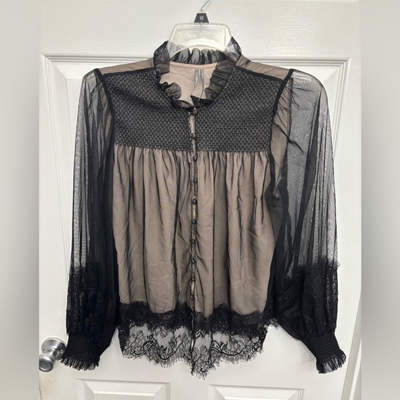 Anthropologie Tops - Anthropologie Sheer Black/Tan Lace Whimsigoth Dark Feminine Victorian Blouse, L